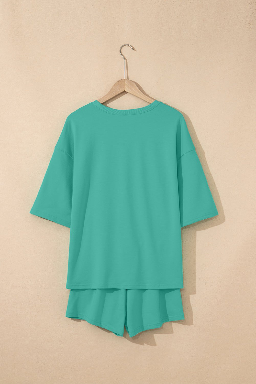 Sea Green Loose V Neck Tee and Drawstring Shorts Set - MAD RUFFI