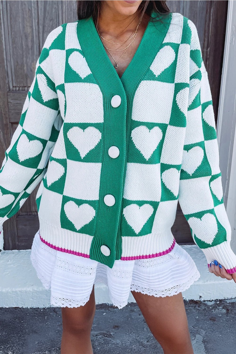 Sea Green Plaid Heart Knit V Neck Button Down Sweater Cardigan - MAD RUFFI