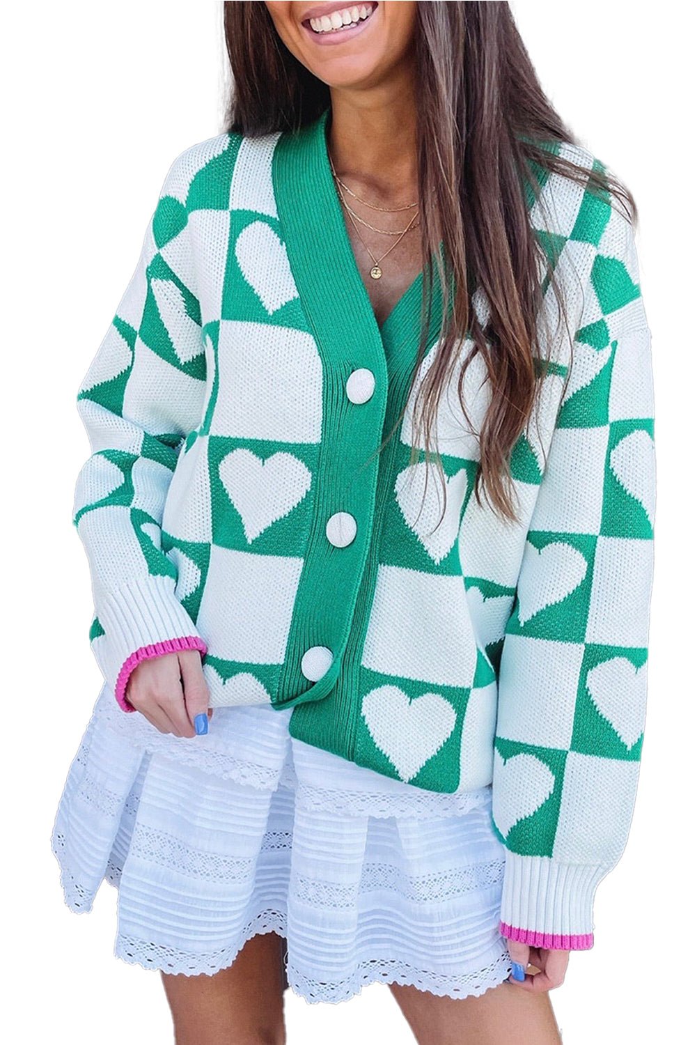 Sea Green Plaid Heart Knit V Neck Button Down Sweater Cardigan - MAD RUFFI
