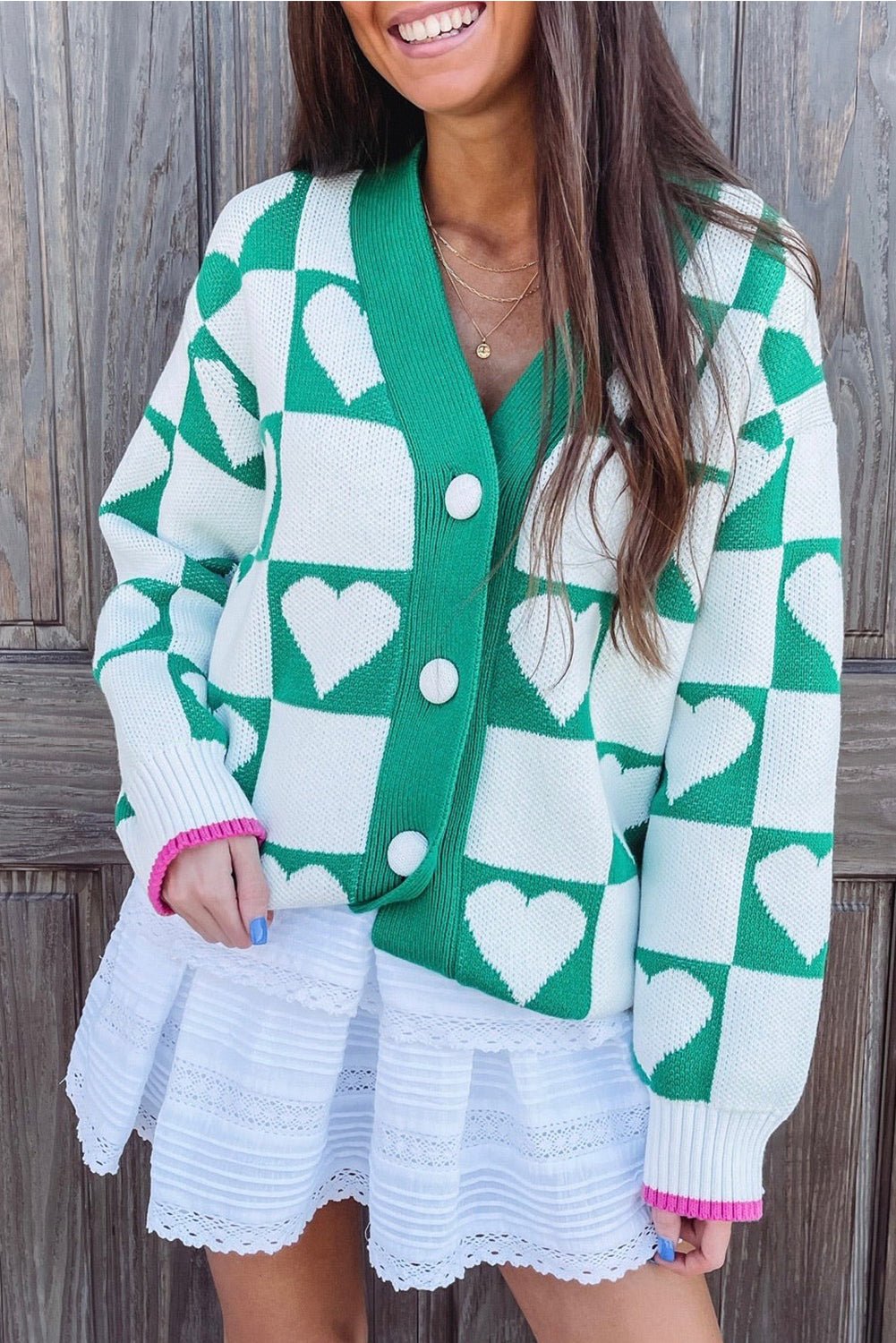 Sea Green Plaid Heart Knit V Neck Button Down Sweater Cardigan - MAD RUFFI