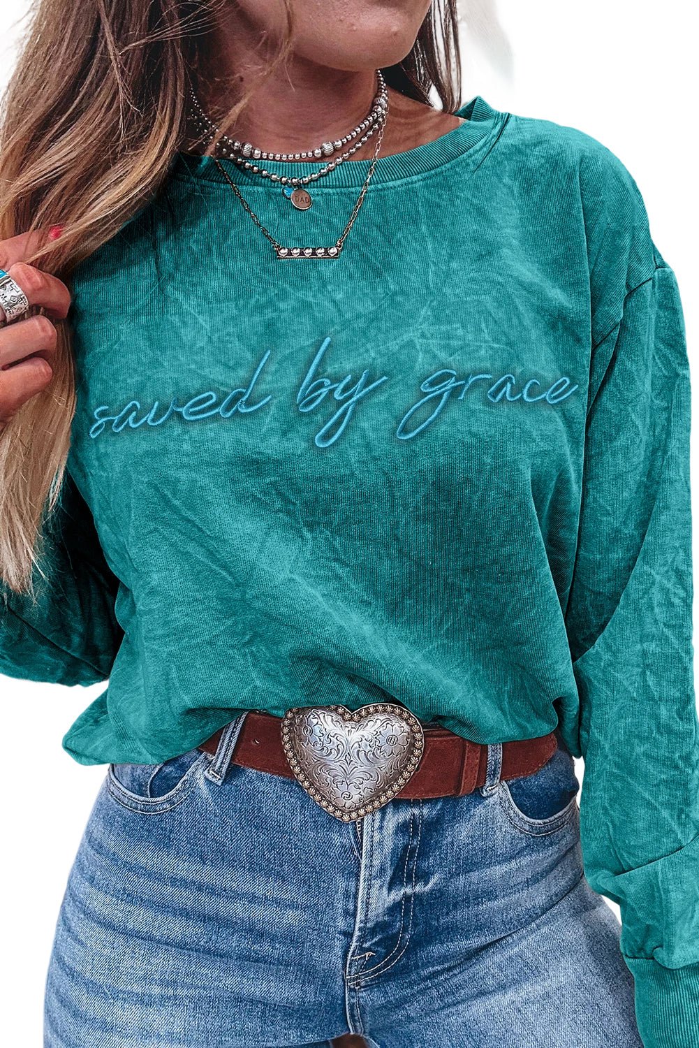Sea Green saved by grace Letter Embroidery Mineral Wash Loose Sweatshirt - MAD RUFFI