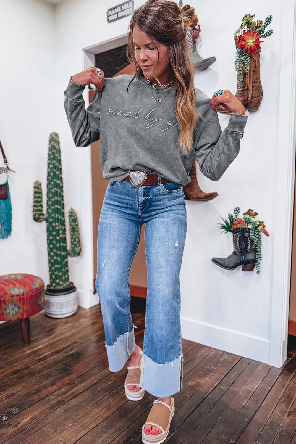 Sea Green saved by grace Letter Embroidery Mineral Wash Loose Sweatshirt - MAD RUFFI