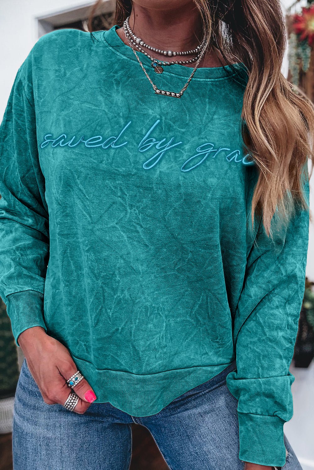 Sea Green saved by grace Letter Embroidery Mineral Wash Loose Sweatshirt - MAD RUFFI