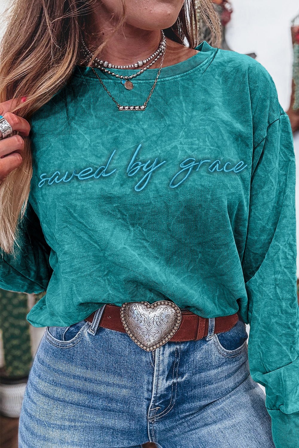 Sea Green saved by grace Letter Embroidery Mineral Wash Loose Sweatshirt - MAD RUFFI