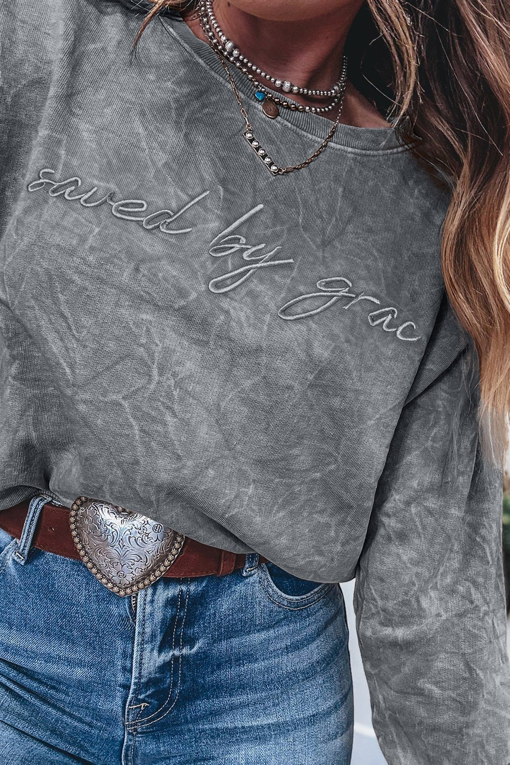 Sea Green saved by grace Letter Embroidery Mineral Wash Loose Sweatshirt - MAD RUFFI