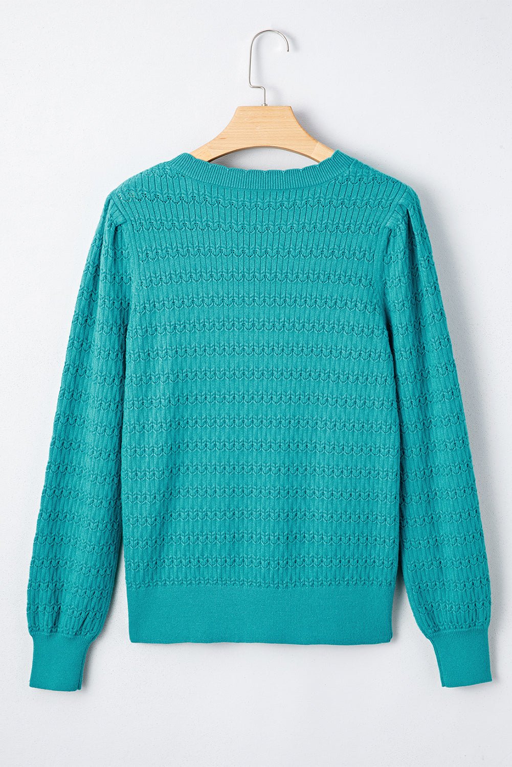 Sea Green Trendy Pattern Knit Ribbed Cuffs Crew Neck Sweater - MAD RUFFI