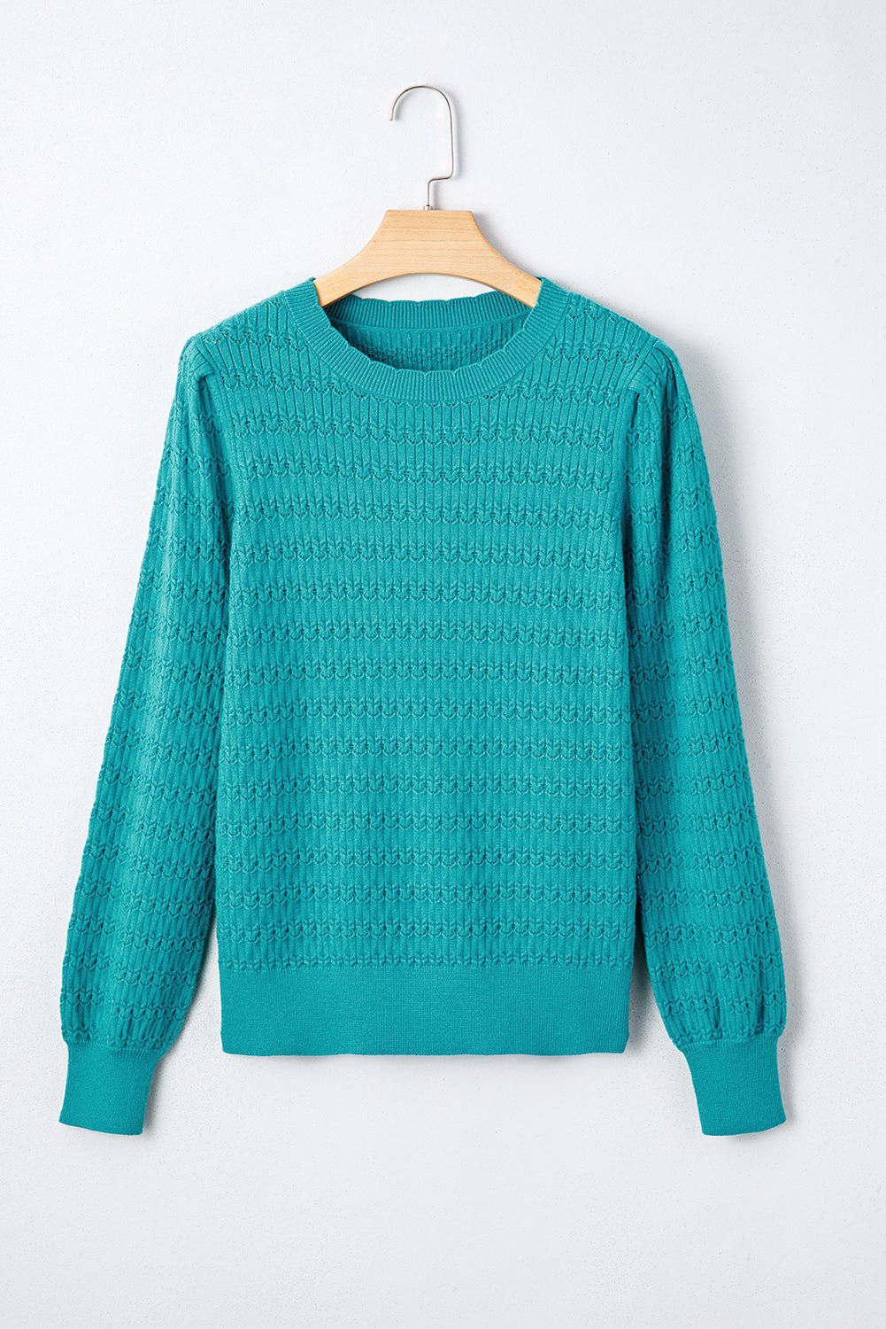 Sea Green Trendy Pattern Knit Ribbed Cuffs Crew Neck Sweater - MAD RUFFI