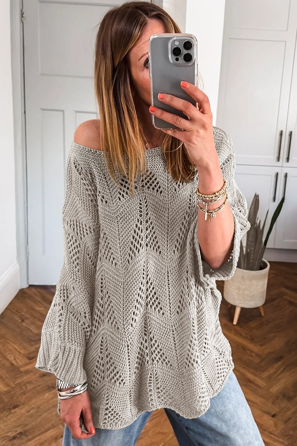 Seagrass Hollow Out Knit 3/4 Sleeve Loose Sweater - MAD RUFFI