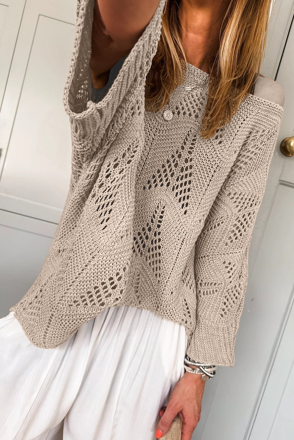 Seagrass Hollow Out Knit 3/4 Sleeve Loose Sweater - MAD RUFFI