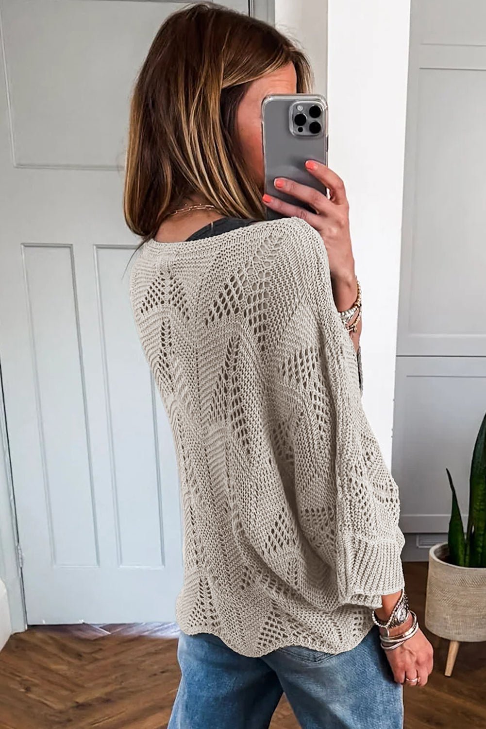 Seagrass Hollow Out Knit 3/4 Sleeve Loose Sweater - MAD RUFFI