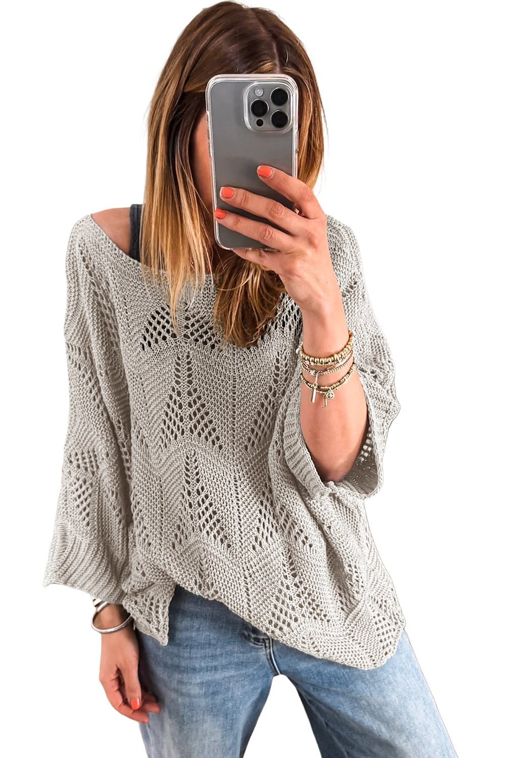 Seagrass Hollow Out Knit 3/4 Sleeve Loose Sweater - MAD RUFFI