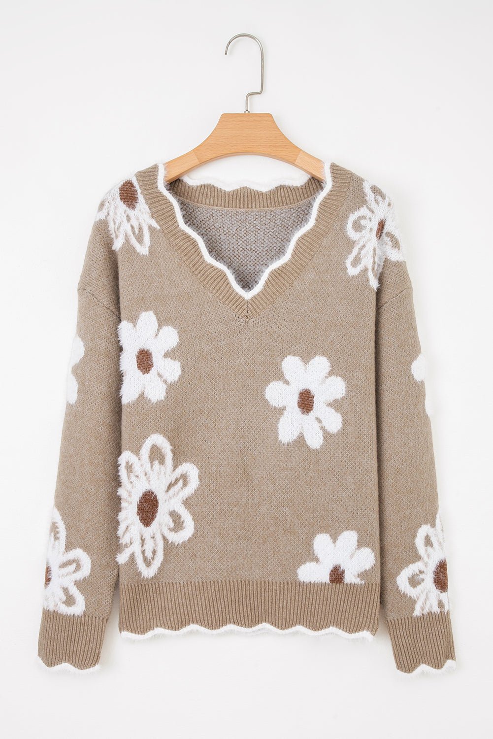 Seagrass Jacquard Floral Scallop V - neck Sweater - MAD RUFFI