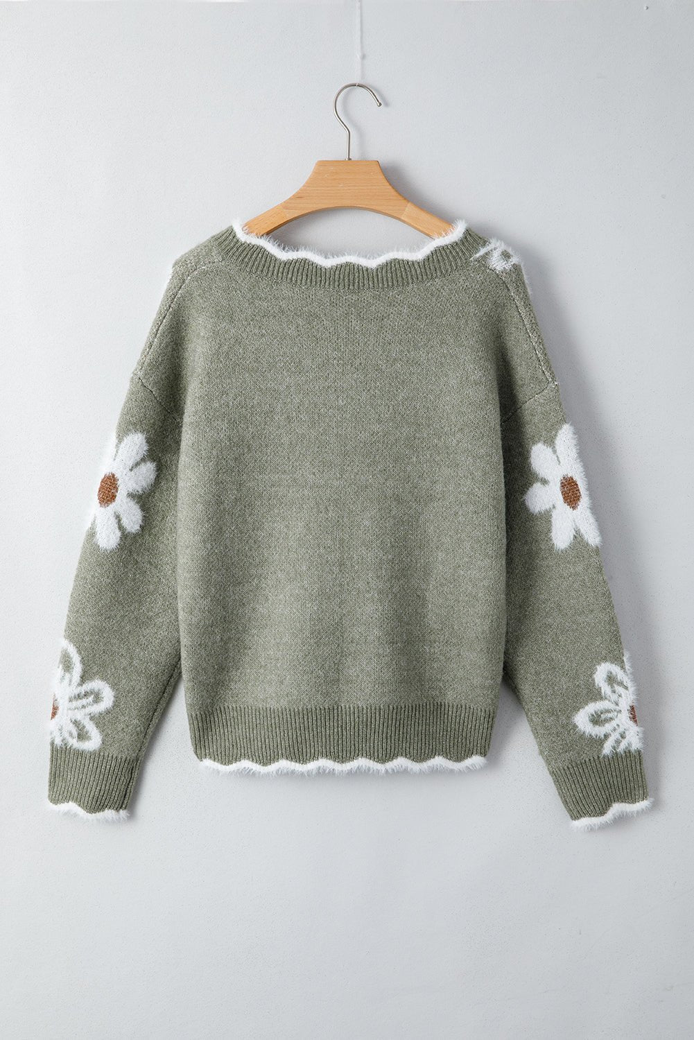 Seagrass Jacquard Floral Scallop V - neck Sweater - MAD RUFFI