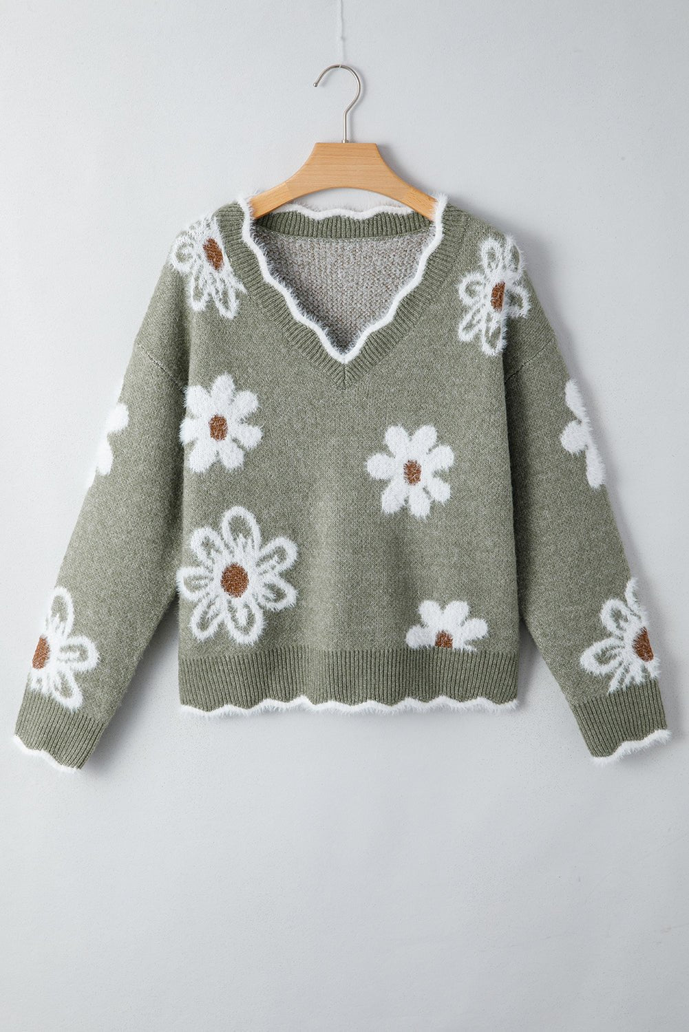 Seagrass Jacquard Floral Scallop V - neck Sweater - MAD RUFFI