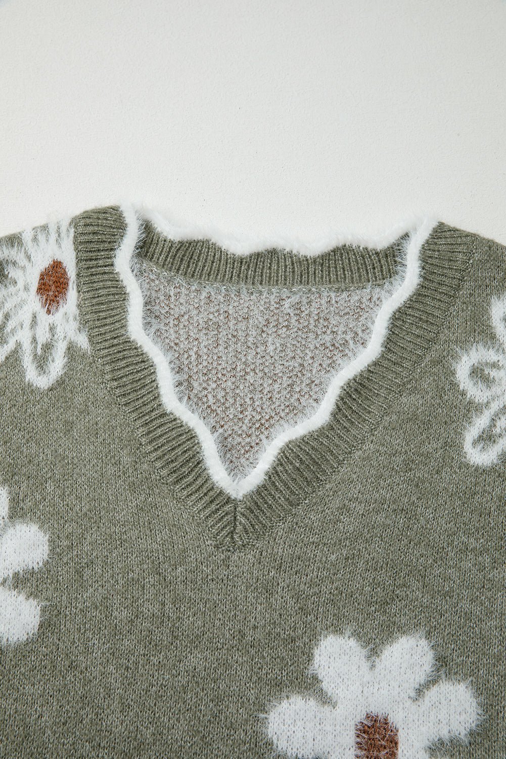 Seagrass Jacquard Floral Scallop V - neck Sweater - MAD RUFFI