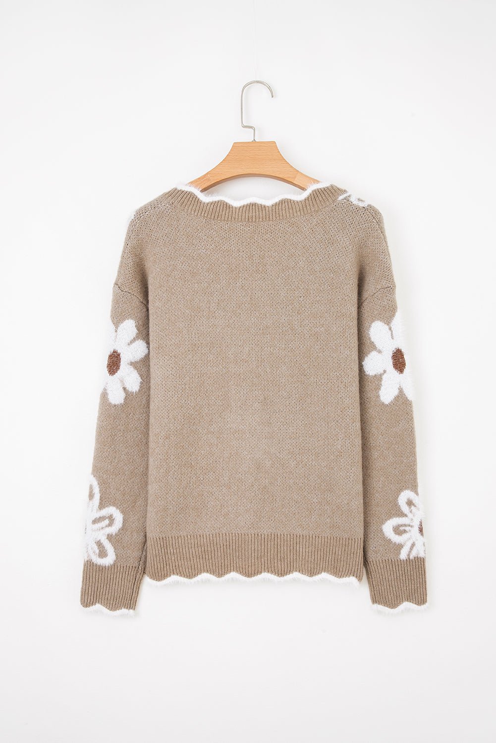 Seagrass Jacquard Floral Scallop V - neck Sweater - MAD RUFFI
