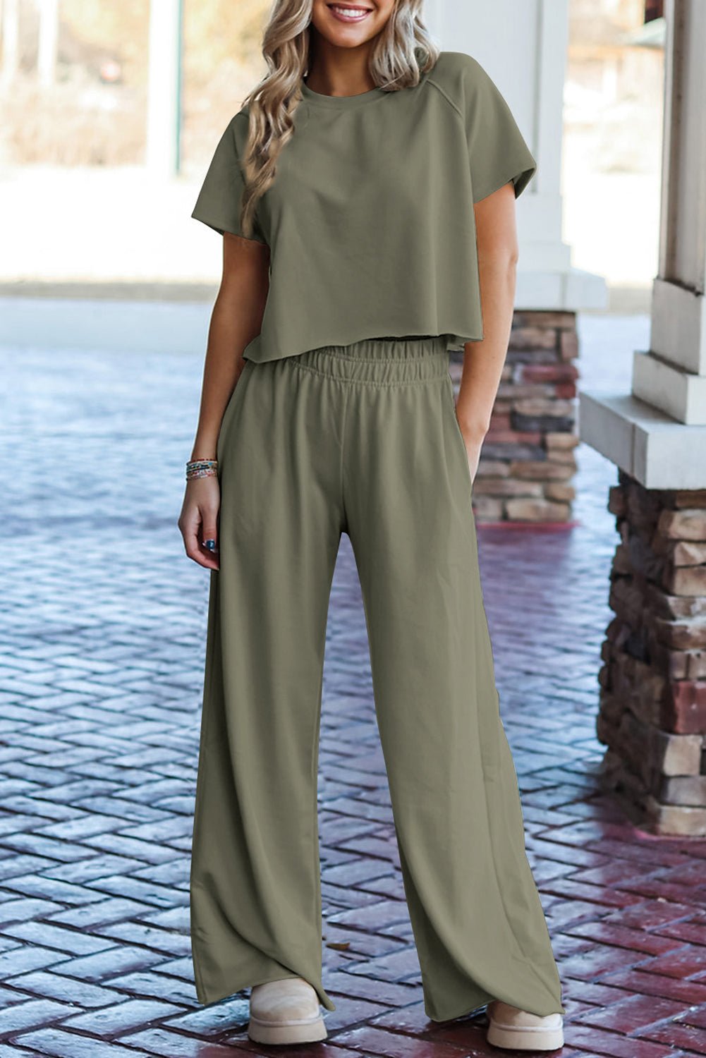 Seagrass Raw Hem Loose Tee and Wide Leg Pants Set - MAD RUFFI