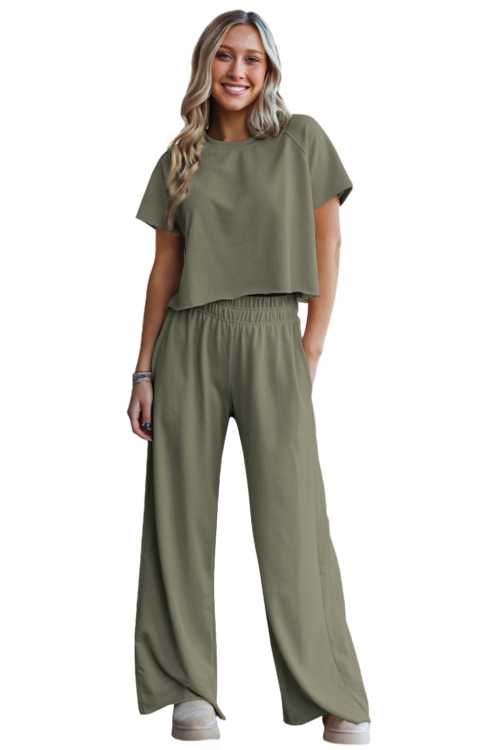 Seagrass Raw Hem Loose Tee and Wide Leg Pants Set - MAD RUFFI