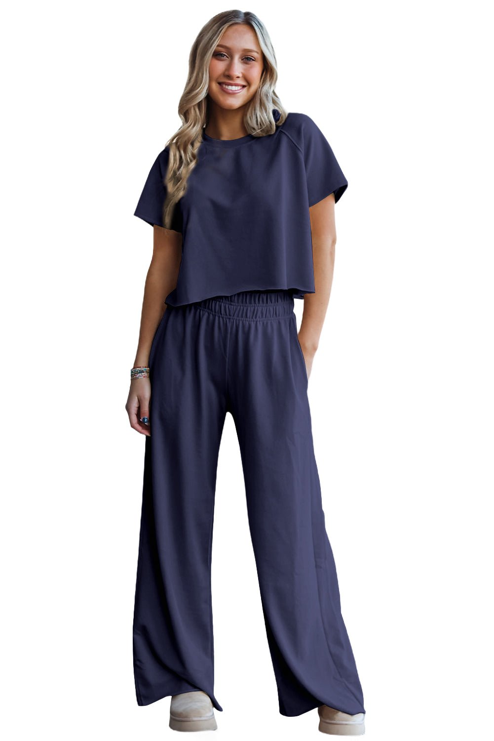 Seagrass Raw Hem Loose Tee and Wide Leg Pants Set - MAD RUFFI
