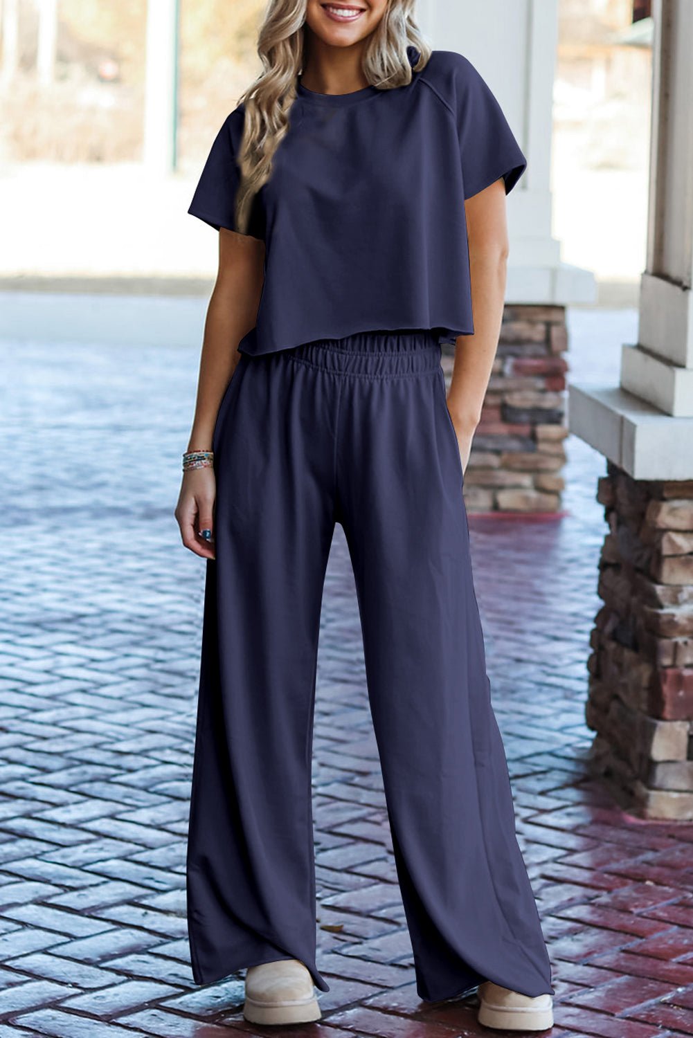 Seagrass Raw Hem Loose Tee and Wide Leg Pants Set - MAD RUFFI