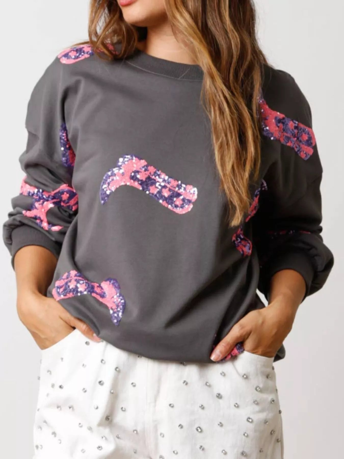 Sequin Boot Crewneck Sweatshirt - MAD RUFFI