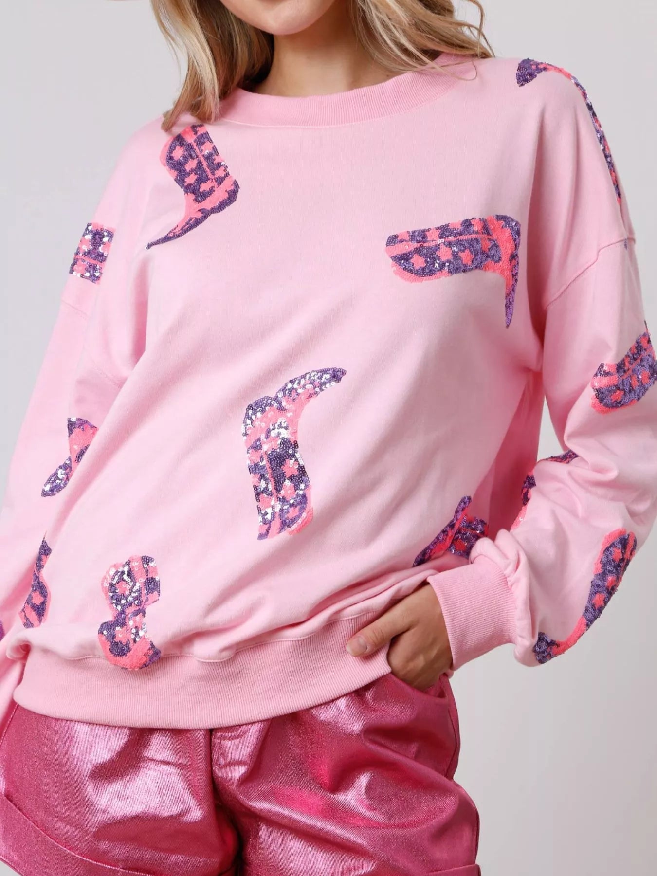Sequin Boot Crewneck Sweatshirt - MAD RUFFI