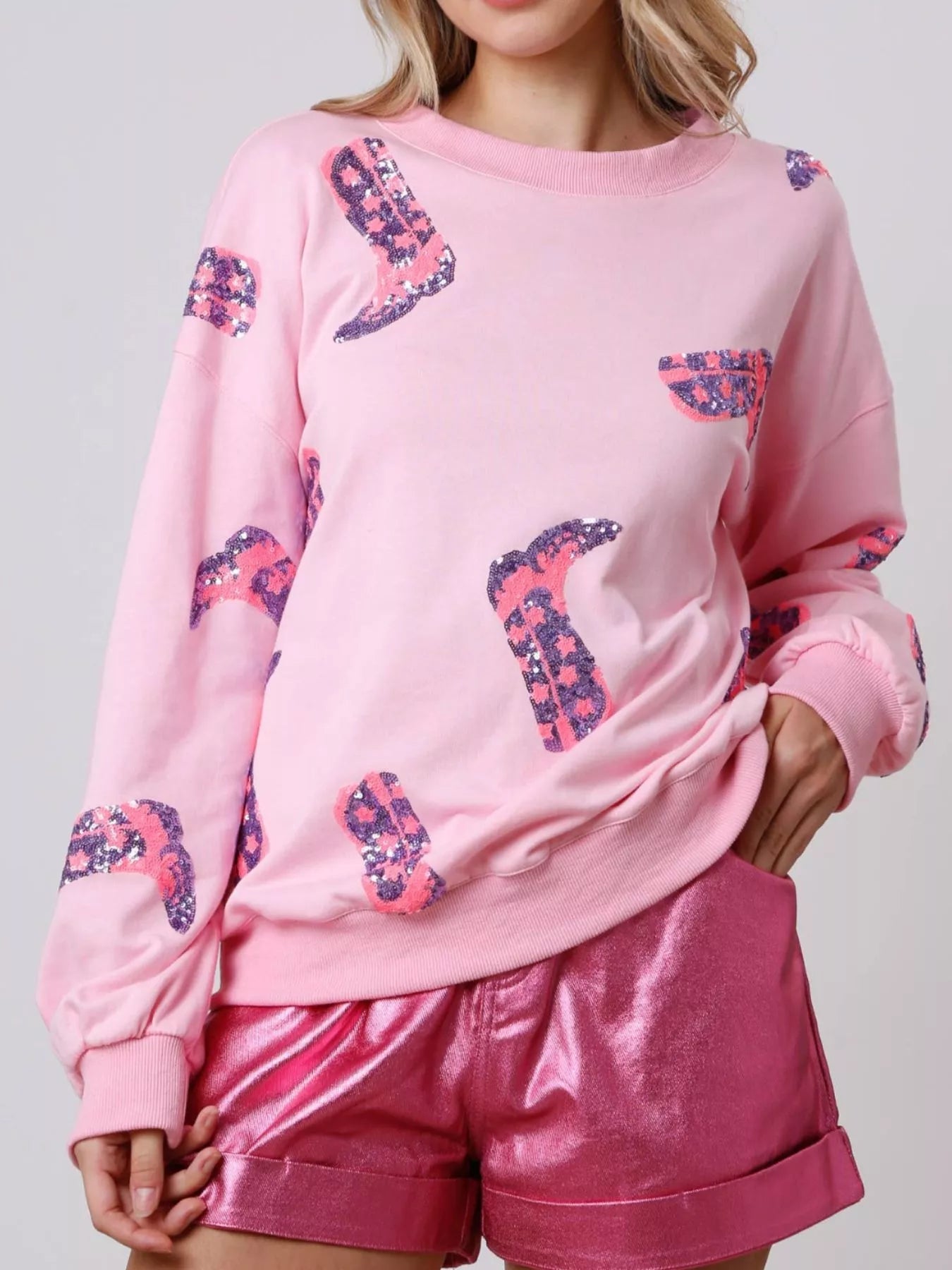 Sequin Boot Crewneck Sweatshirt - MAD RUFFI