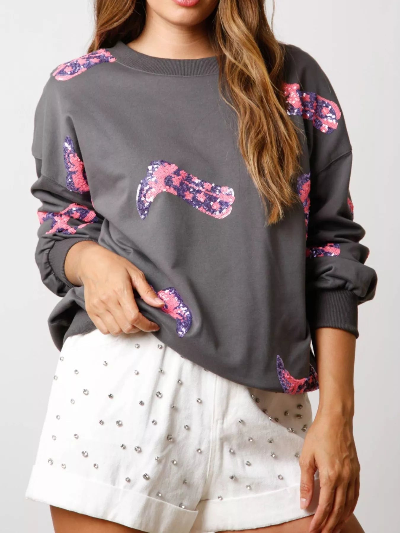 Sequin Boot Crewneck Sweatshirt - MAD RUFFI