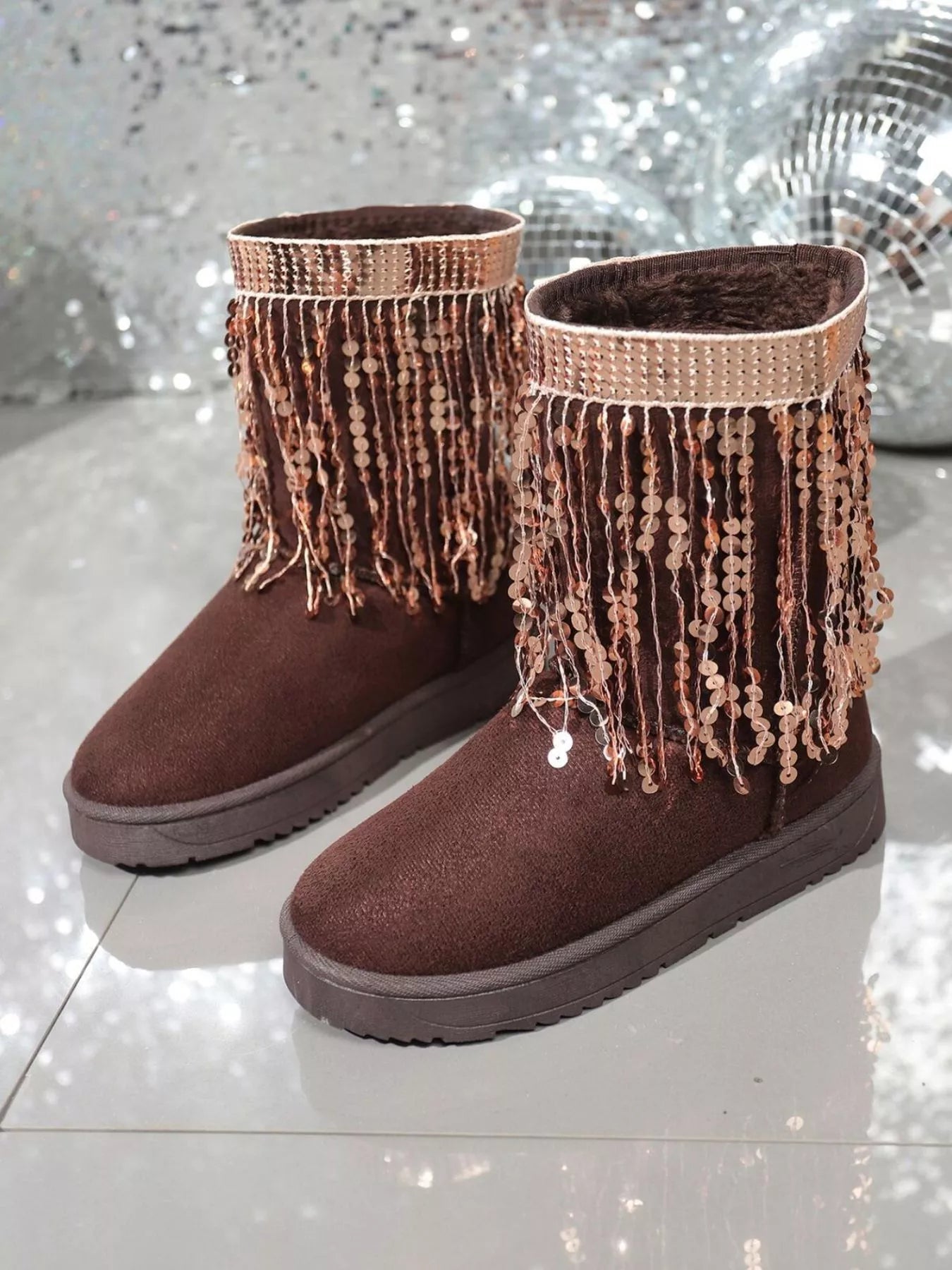 Sequin Fringe Suede Winter Boots - MAD RUFFI