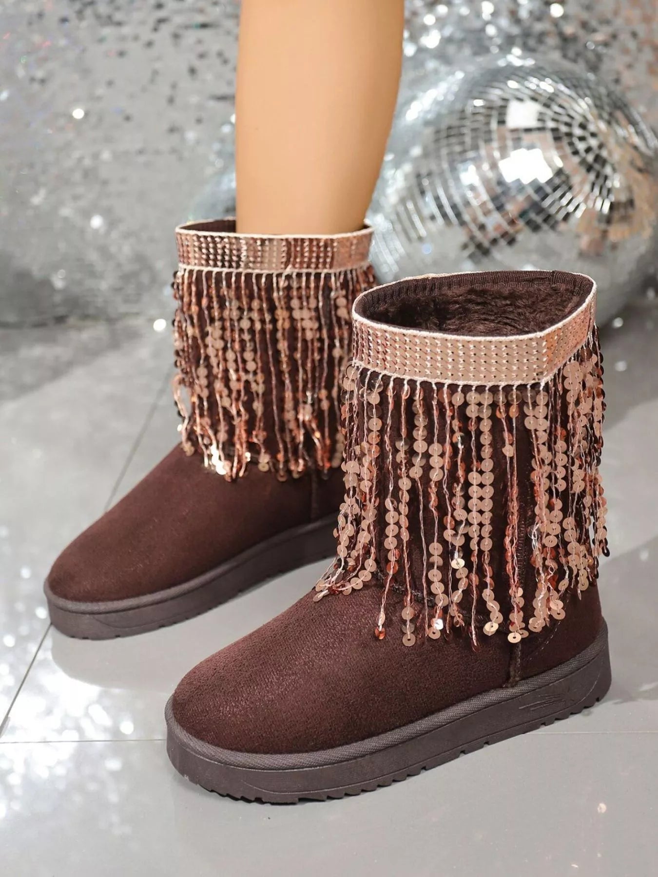 Sequin Fringe Suede Winter Boots - MAD RUFFI