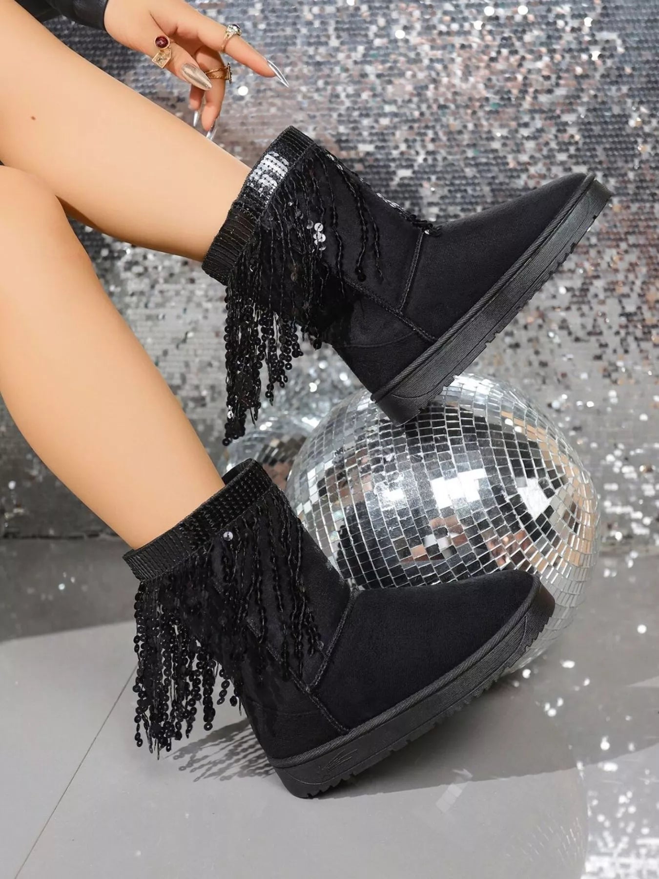Sequin Fringe Suede Winter Boots - MAD RUFFI