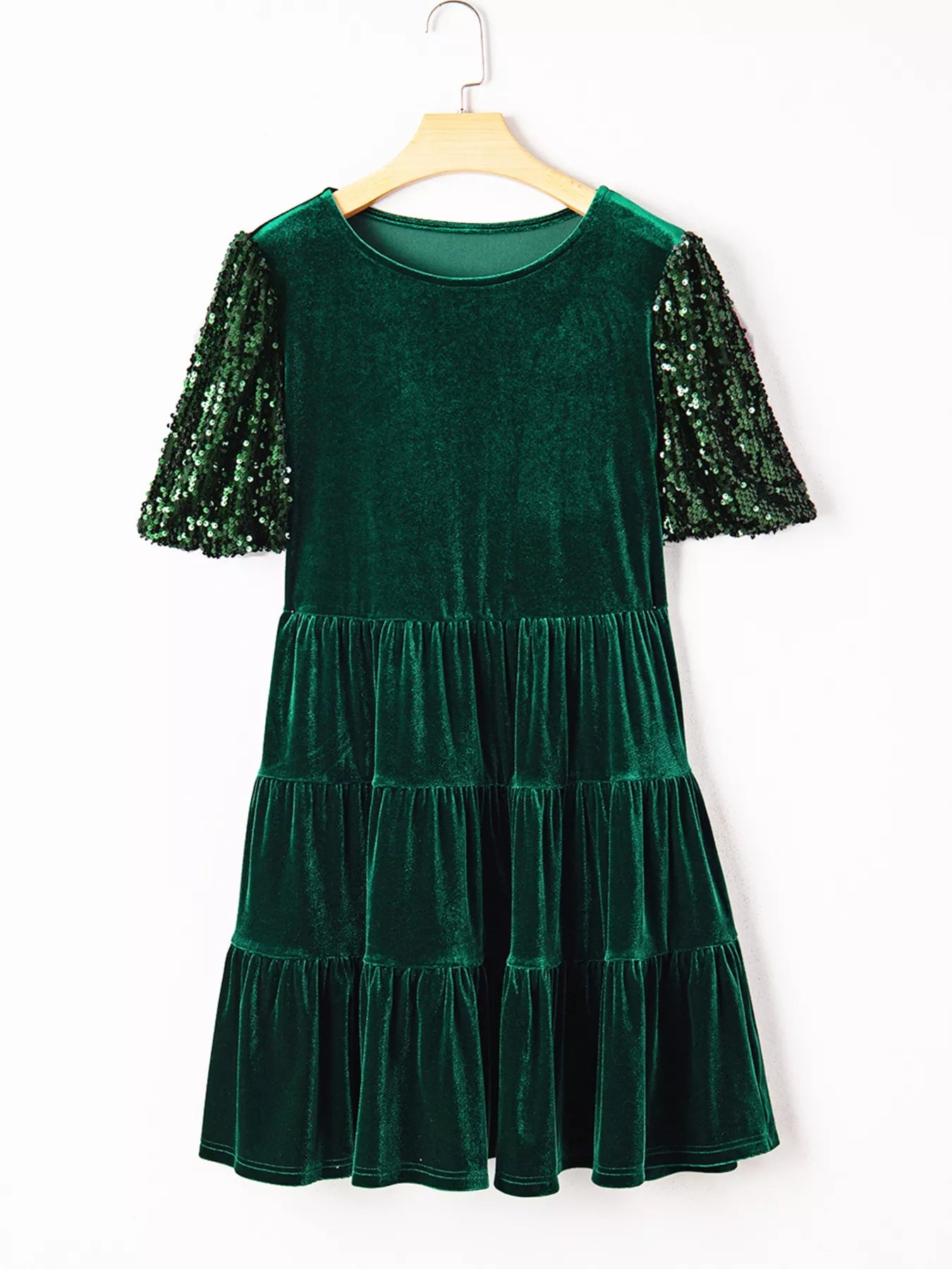 Sequin Puff Sleeve High Waist Tiered Velvet Mini Dress - MAD RUFFI