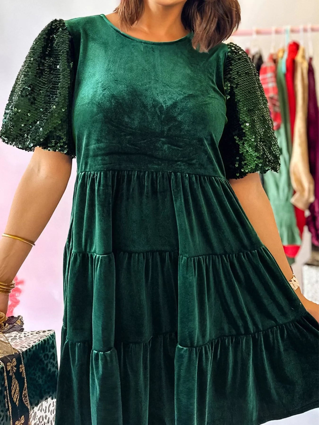 Sequin Puff Sleeve High Waist Tiered Velvet Mini Dress - MAD RUFFI