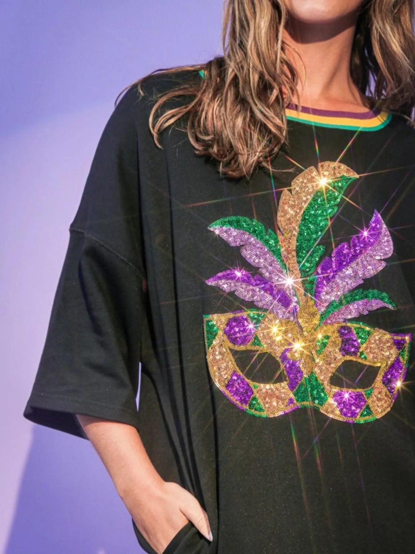 Sequin Round Neck 3/4 Sleeve Dress - MAD RUFFI