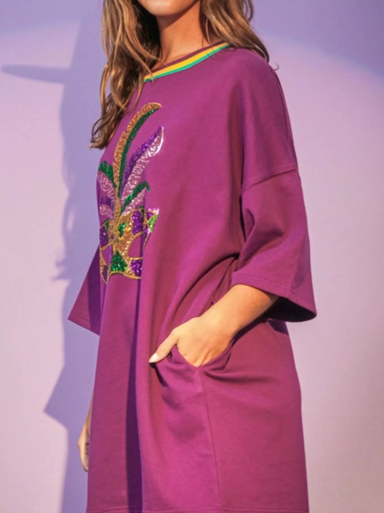 Sequin Round Neck 3/4 Sleeve Dress - MAD RUFFI