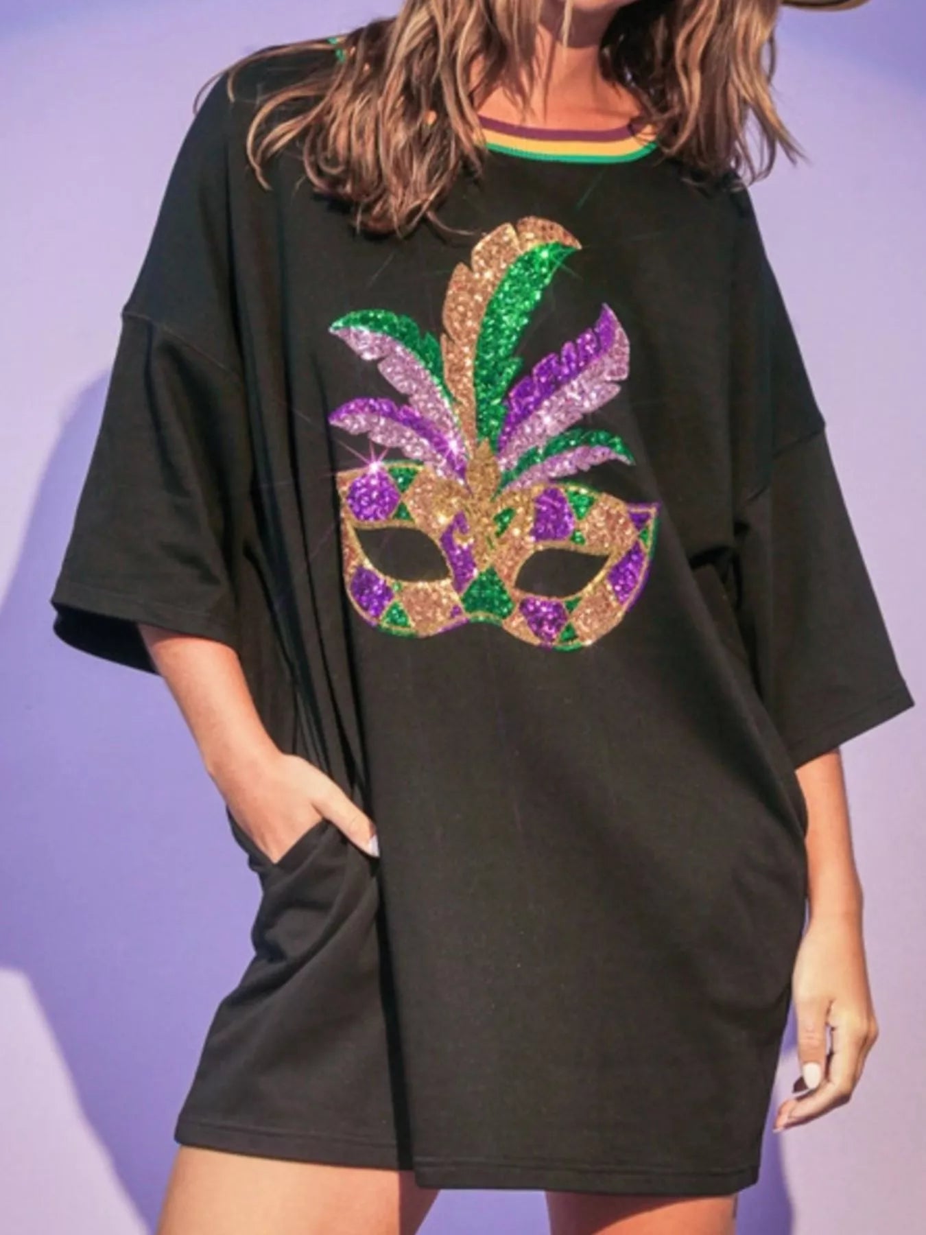 Sequin Round Neck 3/4 Sleeve Dress - MAD RUFFI