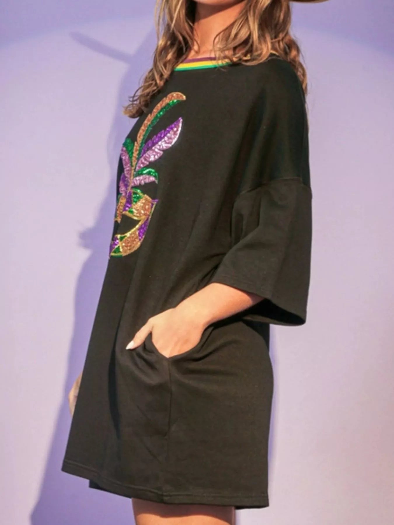 Sequin Round Neck 3/4 Sleeve Dress - MAD RUFFI