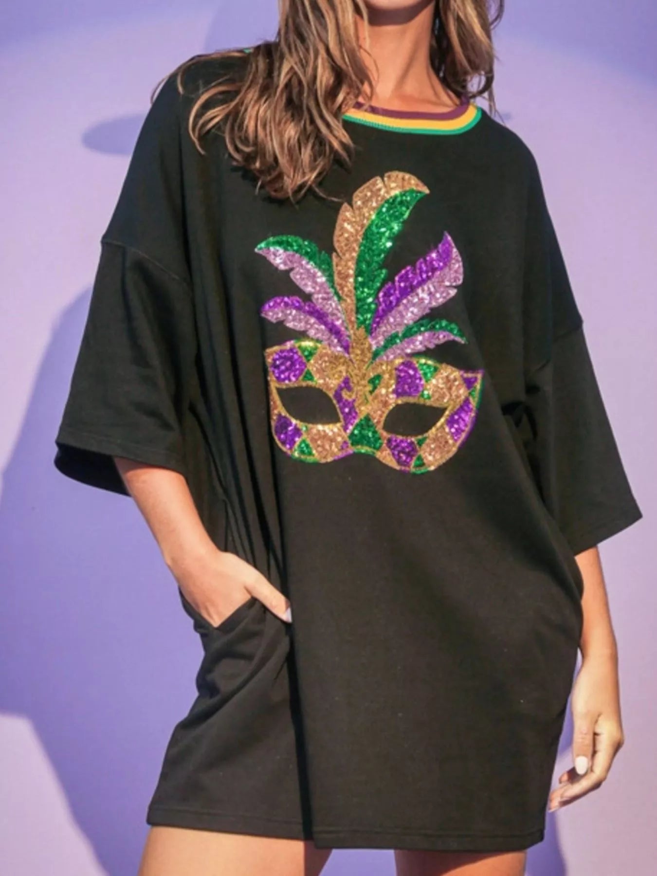 Sequin Round Neck 3/4 Sleeve Dress - MAD RUFFI