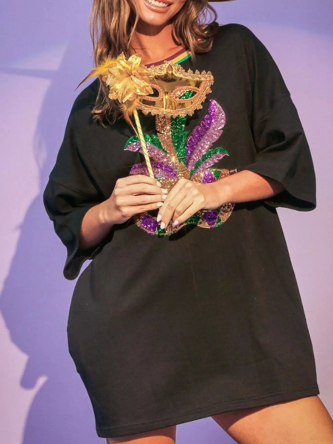 Sequin Round Neck 3/4 Sleeve Dress - MAD RUFFI