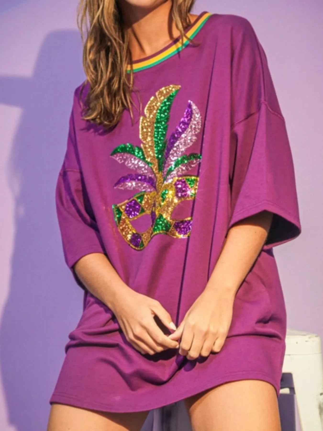 Sequin Round Neck 3/4 Sleeve Dress - MAD RUFFI