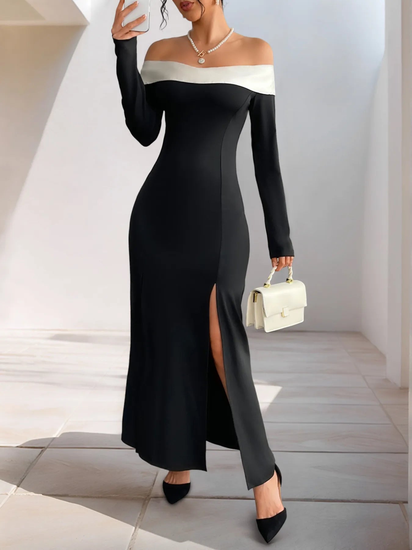 Side Slit Off - Shoulder Maxi Dress - MAD RUFFI