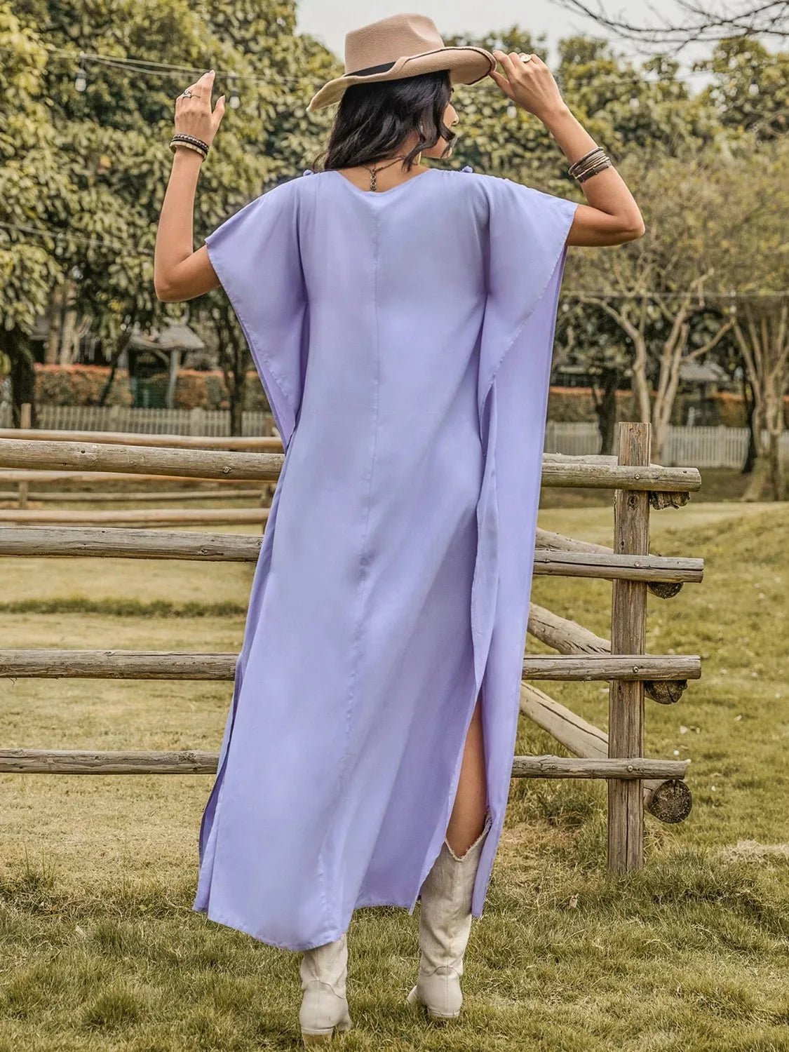 Side Slit Tie Neck Flutter Sleeve Dress - MAD RUFFI