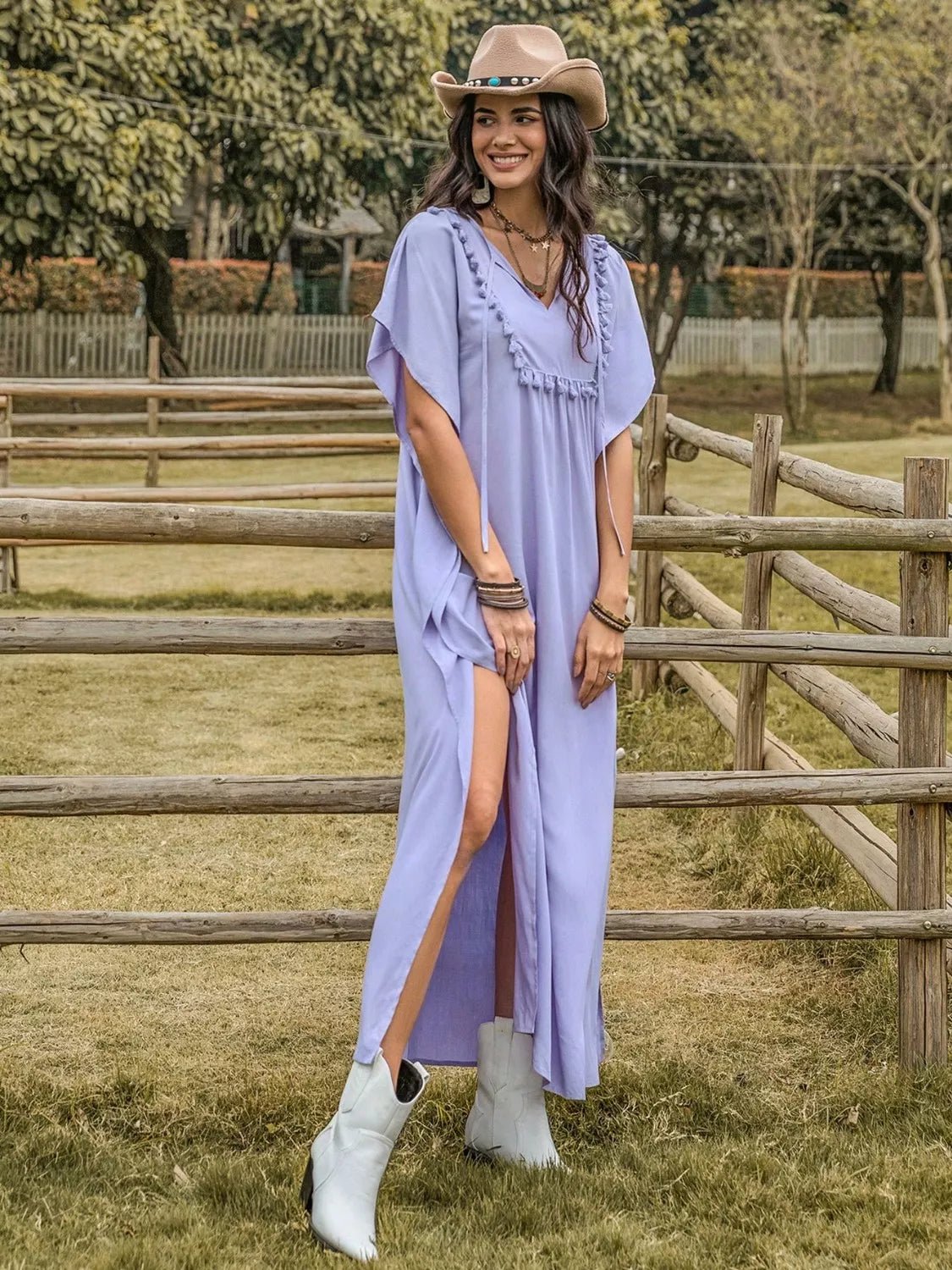 Side Slit Tie Neck Flutter Sleeve Dress - MAD RUFFI