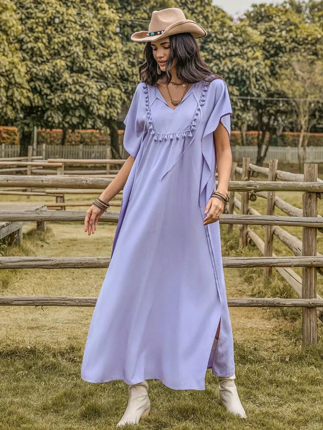 Side Slit Tie Neck Flutter Sleeve Dress - MAD RUFFI