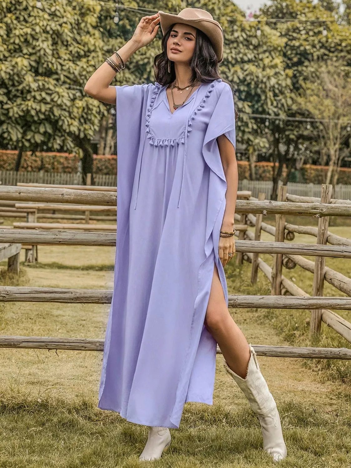 Side Slit Tie Neck Flutter Sleeve Dress - MAD RUFFI