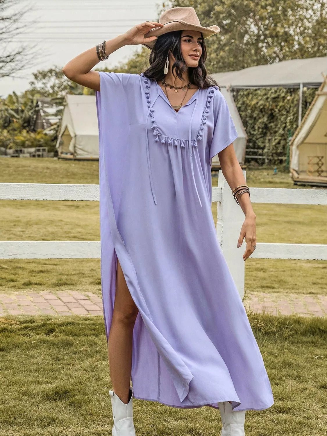 Side Slit Tie Neck Flutter Sleeve Dress - MAD RUFFI