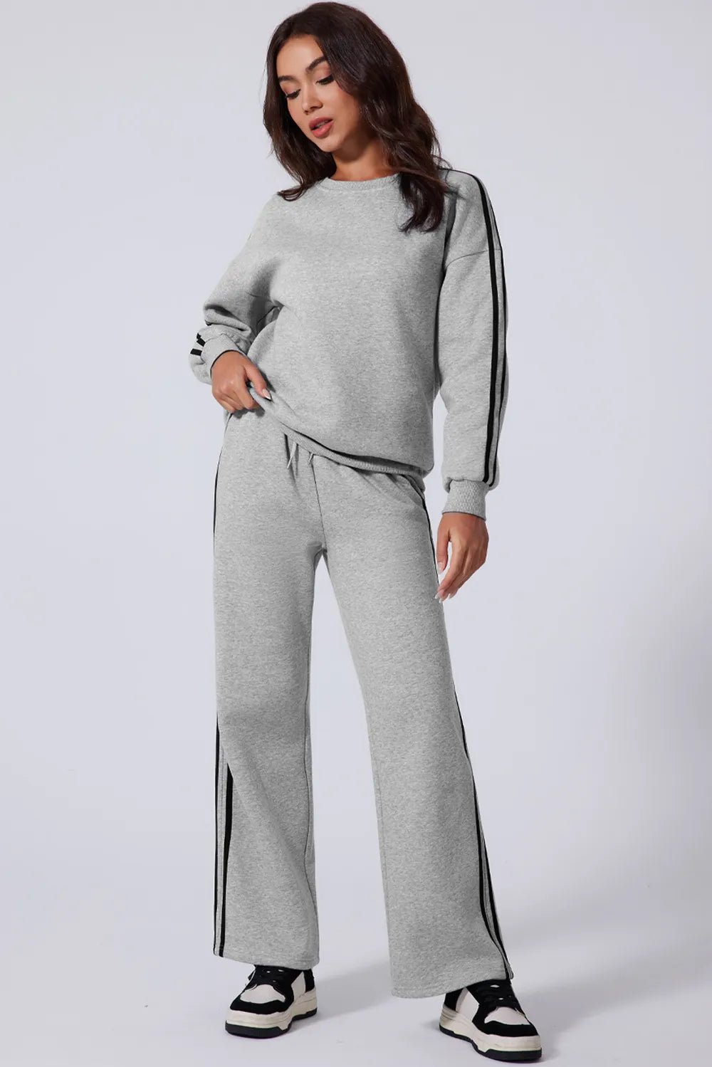 Side Striped Round Neck Top and Pants Active Set - MAD RUFFI