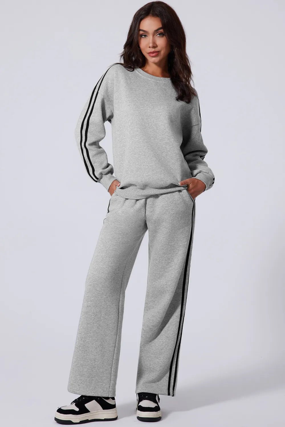 Side Striped Round Neck Top and Pants Active Set - MAD RUFFI