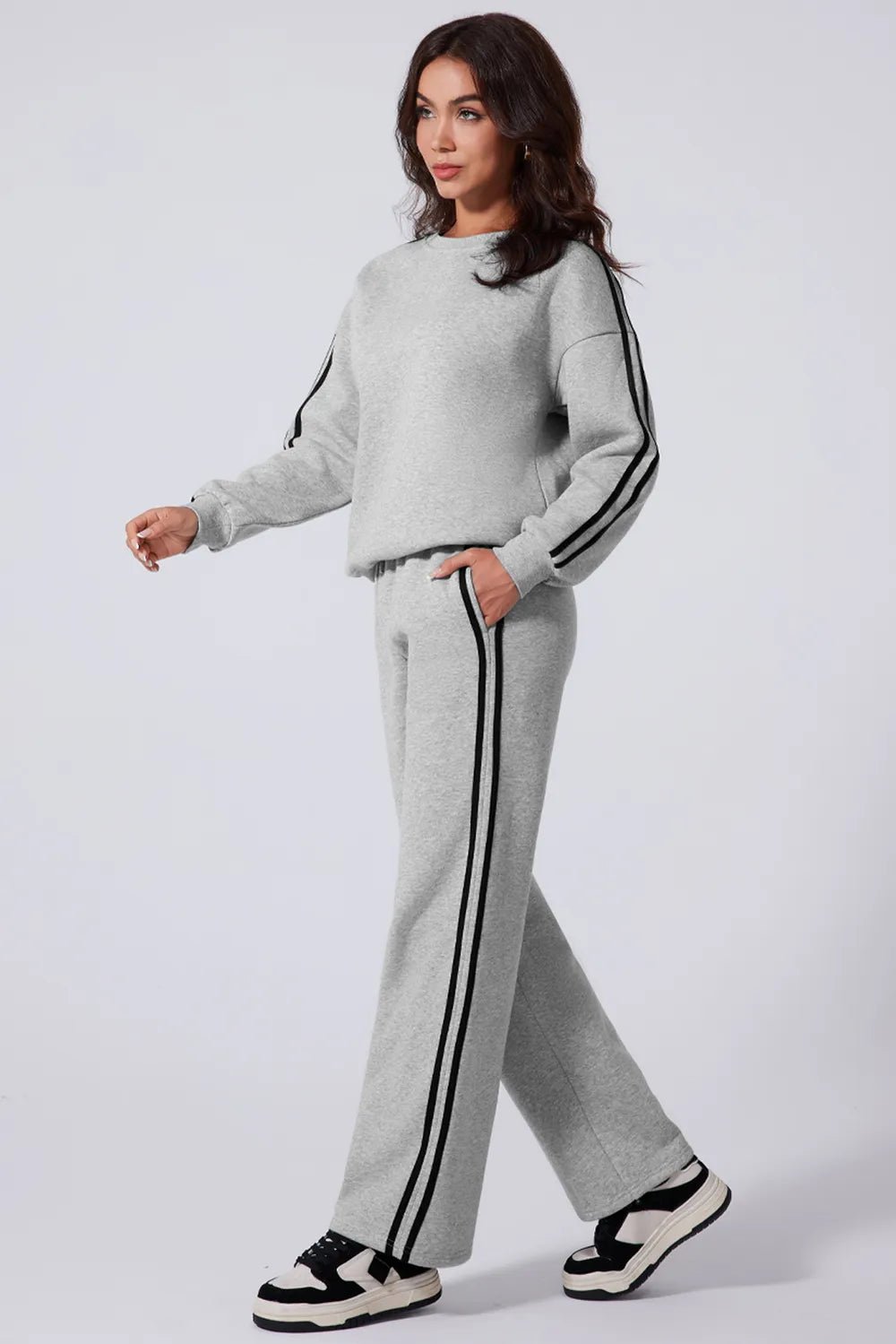 Side Striped Round Neck Top and Pants Active Set - MAD RUFFI