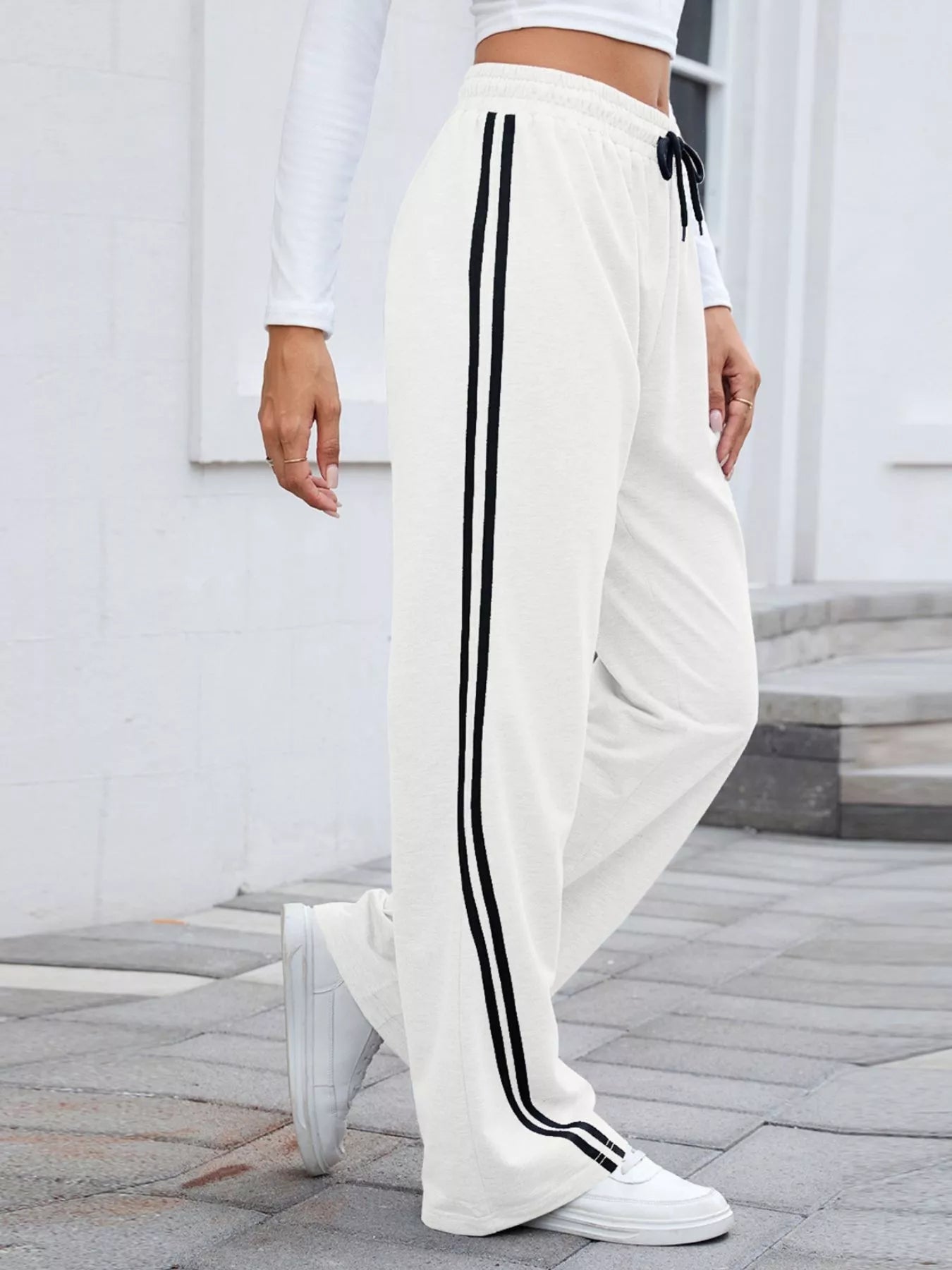 Side Striped Wide Leg Pants - MAD RUFFI